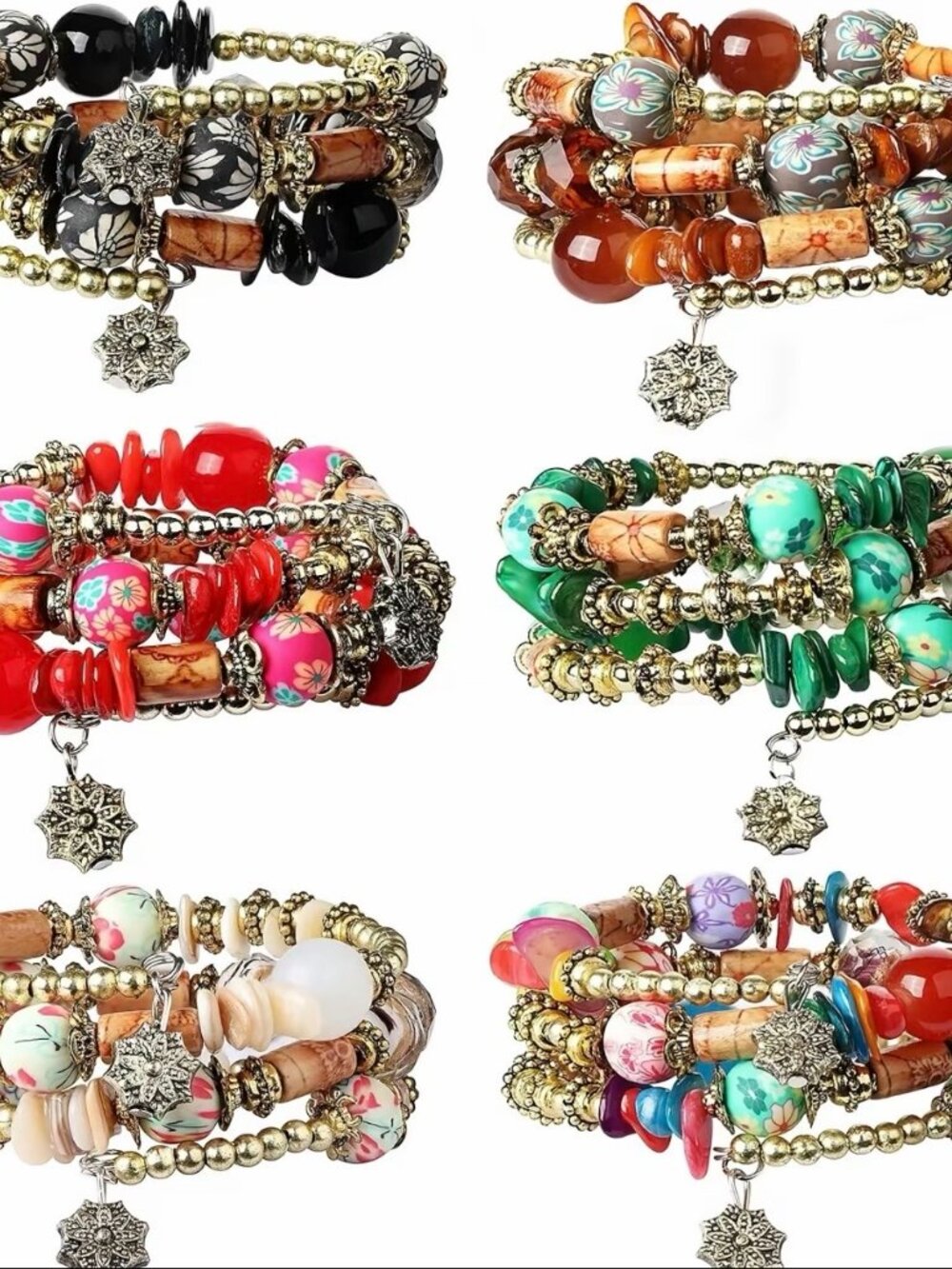 FIBO STEEL 6-Pack Boho Stackable Wrap Bracelets Multicolor